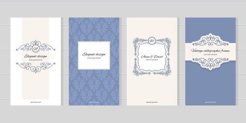 Vintage card templates. For wedding invitations, elegant greeting cards, beauty industry broshures, monogram. Damask seamless pattern included in swatches.