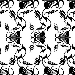 Seamless pattern with abstract outline flowers on a white background.