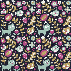 Seamless cute animal pattern made with cat, bird, flower, plant, leaf, berry, heart, friend floral kitten