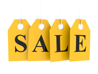 Sale tag on yellow hanging labels. Special offer and promotion