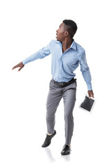 scared African-American businessman runs