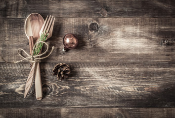 Background wooden cutlery and Christmas ball
