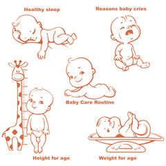 Set of Monochrome vector illustrations with cute little babies. 