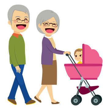 Cute Happy Grandparents Pushing Stroller With Newborn Baby