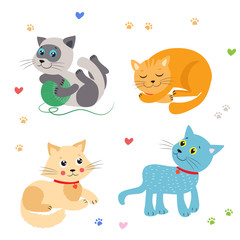 Obraz premium Cute Little Cats Vector Illustration. Cat Mascot Vector. Cats Meowing. Cats Sleeping, Play, Sitting. Beautiful Domestic Cats. I Love You So Much. Favorite Cat Toys. Cats For Sale. Vector Image.