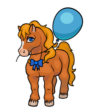 Vector beautiful cartoon shetland pony with balloon isolated on white, cute horse, children greeting card
