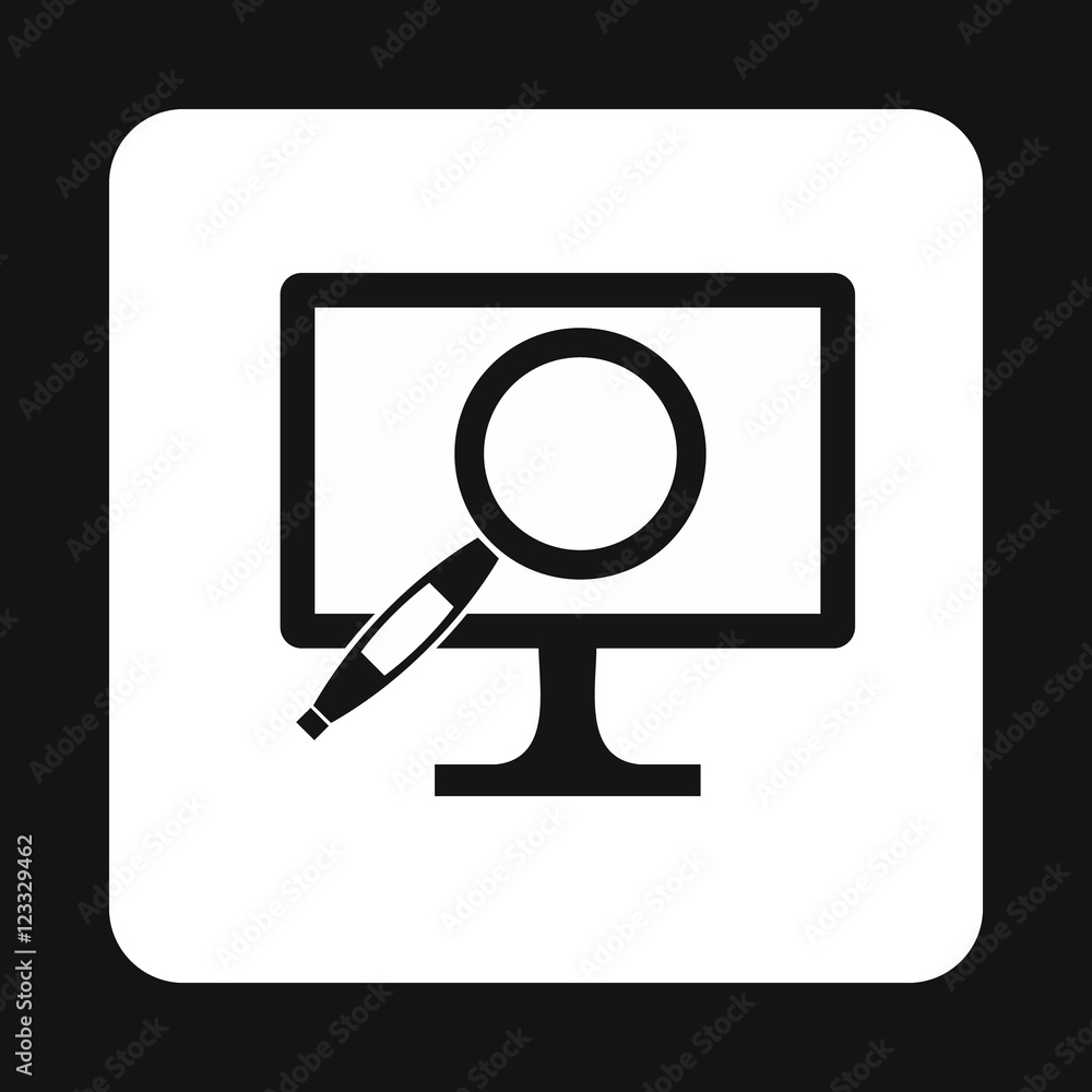 Poster finding information on computer icon in simple style isolated on white background. searching symbol