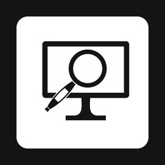 Finding information on computer icon in simple style isolated on white background. Searching symbol