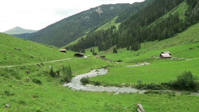Zillertal valley landscape with meadow, barn and stream. Located at Schoenachtal valley in Tirol (Austria).