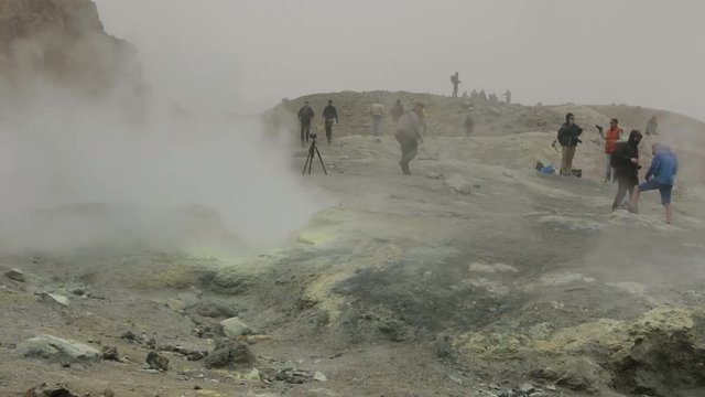 Climbing to active volcano Mutnovsky on Kamchatka.