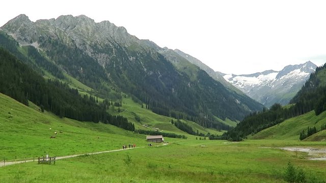 Zillertal valley landscape with meadow, barn and stream. Located at Schoenachtal valley in Tirol (Austria).