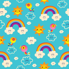 rainbows birds clouds sun blue sky seamless pattern