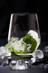 Glass with mint leaves and ice cubes