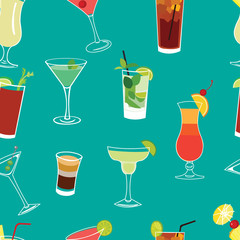 Set of famous cocktails blue seamless vector pattern