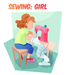 Funny vector illustration girl sewing at machine