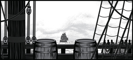 Illustration of ship deck with barrels and ropes 