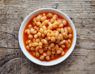 White bowl of beans in tomato sauce from above