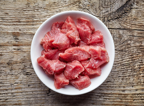 Bowl Of Raw Diced Beef Meat, From Above