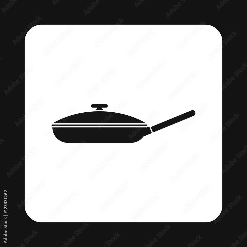 Poster black frying pan with lid icon in simple style on a white background
