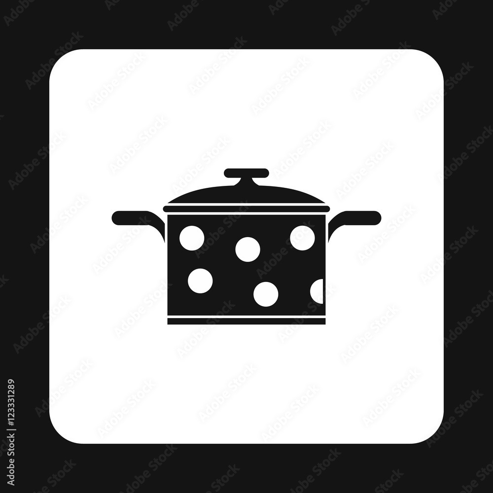 Poster black saucepan with white dots icon in simple style on a white background