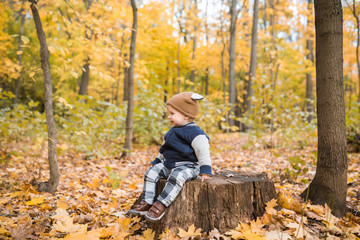 Fototapeta premium Beautiful baby boy one years old crawling in fallen leaves - autumn scene