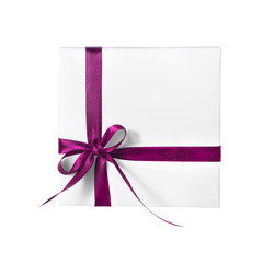 Isolated Holiday Present White Box with Purple Pink Ribbon
