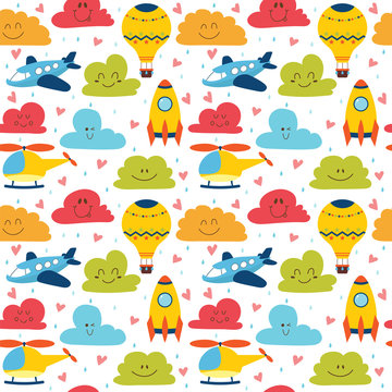 Cute children seamless pattern with plane, helicopter, hot air b