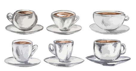 Watercolor coffee set. Vintage retro white coffee cups on white background.