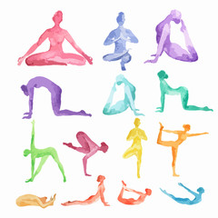 Watercolor yoga set on white background. Yoga poses, asana. Healthy lifestyle and relaxation. - obrazy, fototapety, plakaty