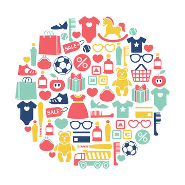 round design element with kids shopping icons