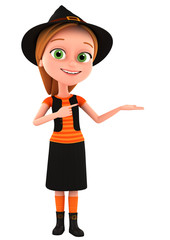 Funny Witch points a finger at the empty space. Halloween icon i