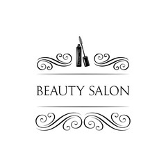Beauty Salon Label. Mascara for Eyelashes. Eye Makeup. Badge. Filigree Swirls and Curls Decorations Vector Illustration.