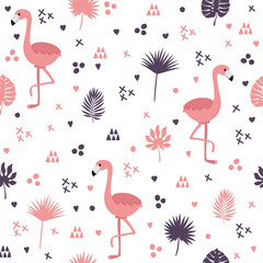 Seamless pattern with flamingos and leaves. Cute background with