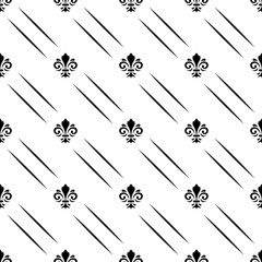 Seamless ornament. Modern geometric pattern with royal lilies. Black and white pattern