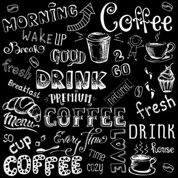 Vector illustration hand drawn coffee to go, cups, mugs, beans a