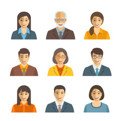 Asian business people flat vector avatars. Business team icons. Men and women in suits, Japanese, Chinese, Korean young and senior characters. Company staff profile pictures. Simple cute happy faces