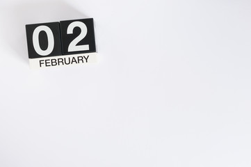 February 2nd. Day 2 of month, calendar on white background. Winter time. Empty space for text