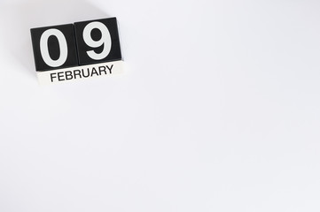 February 9th. Day 9 of month, calendar on white background. Winter concept. Empty space for text