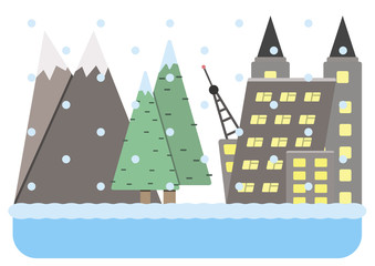 winter town and forest.Holiday in city and forest