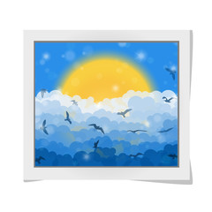 Fototapeta premium Cartoon photo frame with flying birds in clouds on sun and blue shining sky background. Vector illustration