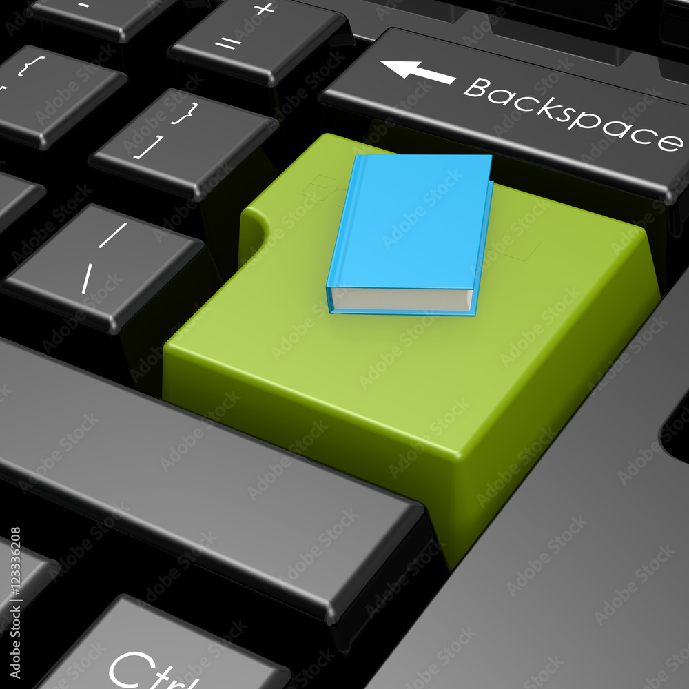 Aufkleber blue book on green button of computer keyboard