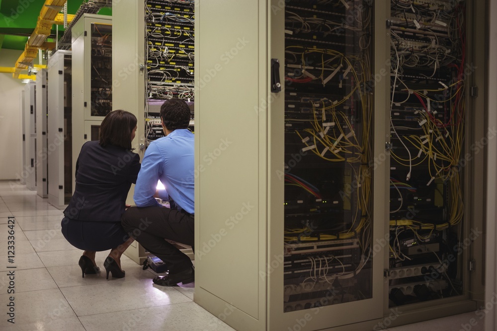 Poster technicians analyzing server