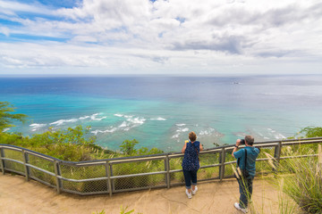 Fototapeta na wymiar Panoramic ocean view from diamond head monument state viewpoint, Oahu, Hawaii, Usa
