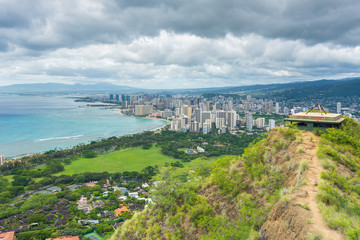 Panoramic view from diamond head monument state viewpoint, Oahu, Hawaii, Usa