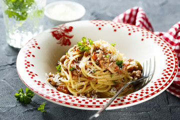 Pasta bolognese with minced meat and tomato sauce