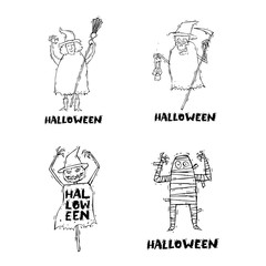 Happy halloween poster, banner, fly-er. Pumpkin. Lettering, hand-drawn, lino-cut. Halloween party. Flat design vector illustration.