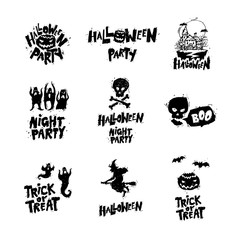 Happy halloween poster, banner, fly-er. Pumpkin. Lettering, hand-drawn, lino-cut. Halloween party. Flat design vector illustration.