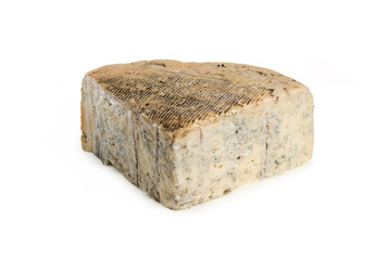 Piece of cheese with mold isolated on white background