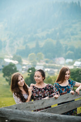 Girls girlfriends in dresses walk on a beautiful mountain meadow