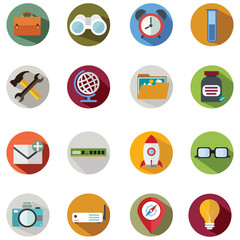 Modern flat icons vector collection with long shadow effect in stylish colors of business elements, office equipment and marketing items. Isolated on white background.